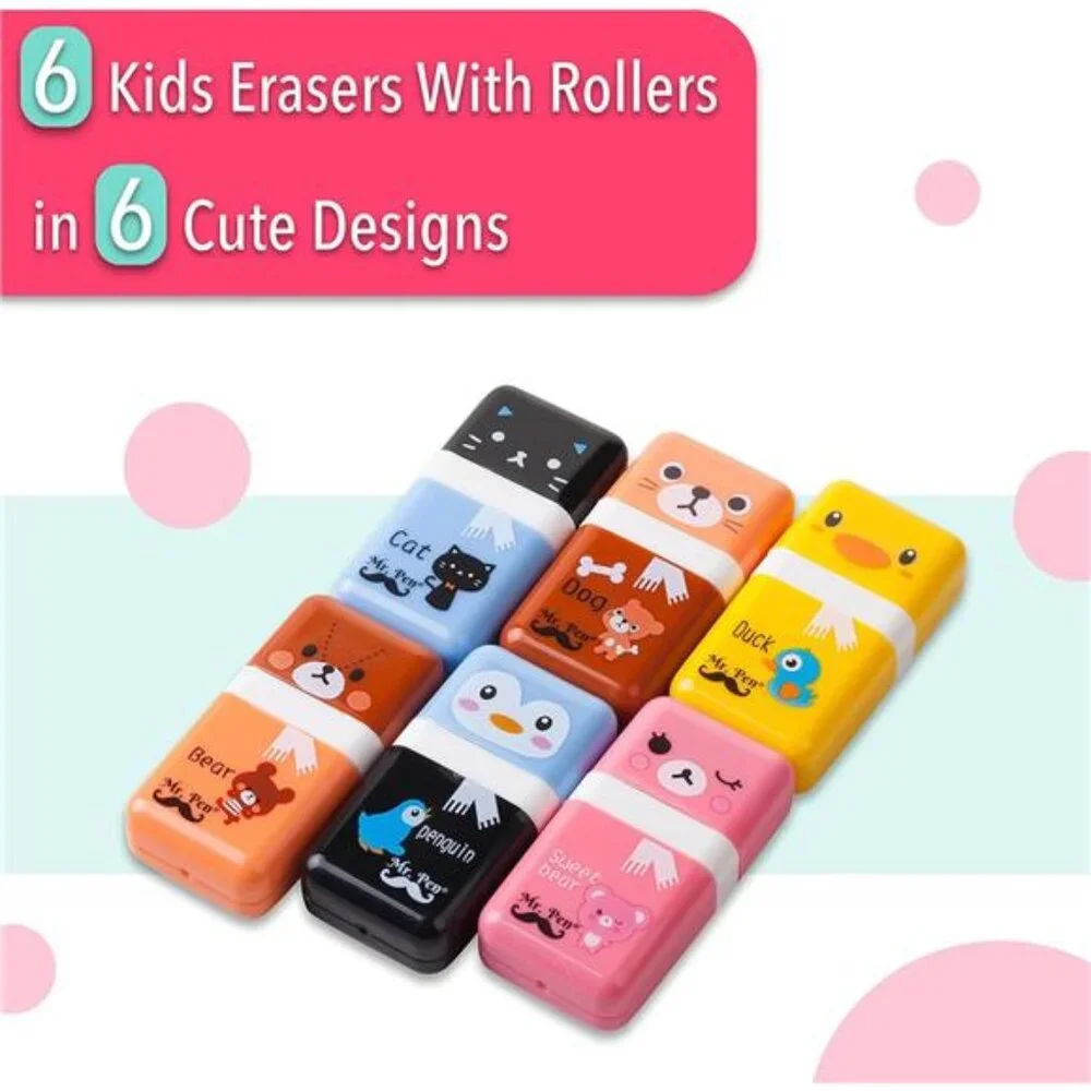 6-Pack Pencil‎ Erasers with Cover & Roller: Fun, Cool School Erasers for Kids